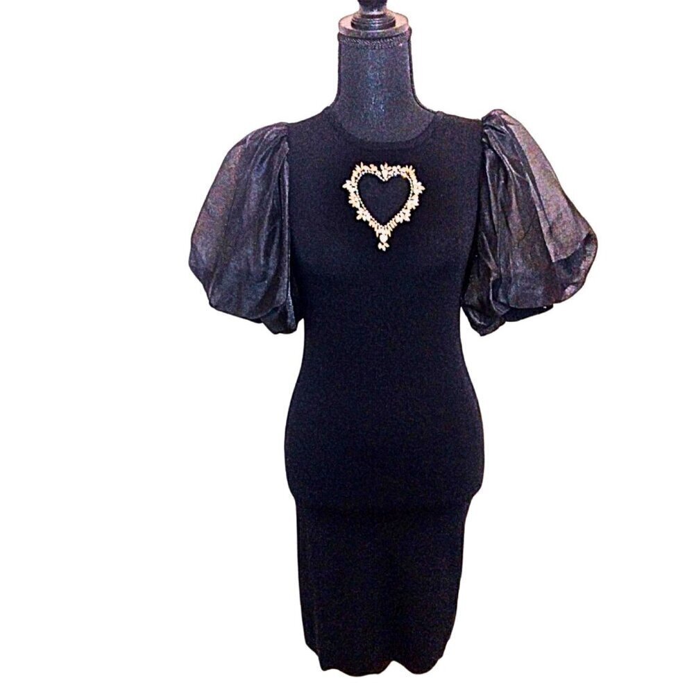 PASTEL COLLECTIONS BLACK KNIT MIDI DRESS W/ SHEER PUFF SLEEVES & CRYSTAL HEART